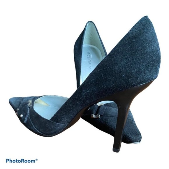 BCBGirls Office Siren Black Suede Pointed Toe Silver Buckle Pumps Size 39 Womens - Picture 10 of 12